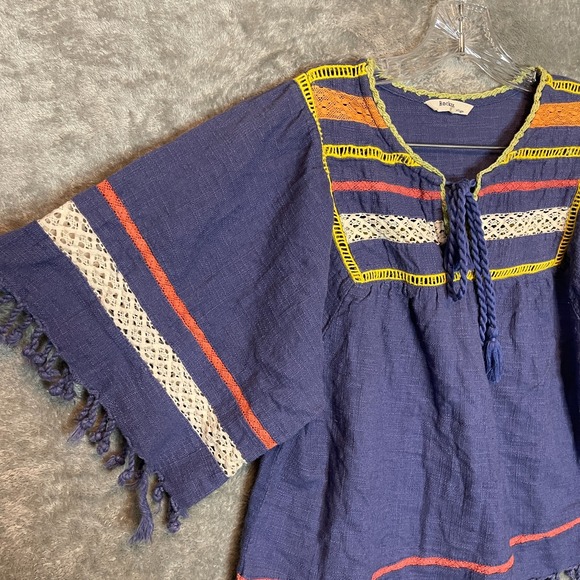 Rocks & Indigo Tops - Rocks Indigo Women Boho Peasant Top M Festival Boxy Cropped Tasseled Fringe